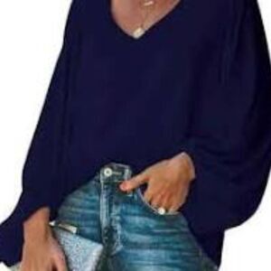 Navy V Neck Boho Blouse long sleeve